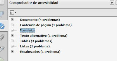 Resultado del comprobador de accesibilidad de Adobe Acrobat XI Pro. Un árbol con 7 elementos: documento, contenido de página, formularios, texto alternativo, tablas, listas, encabezados