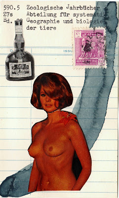 iraq postage stamp Grand marnier bottle vintage female nude breasts library card Dada Fluxus mail art collage