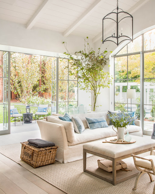 Modern farmhouse family room with belgian linen California renovation Giannetti 