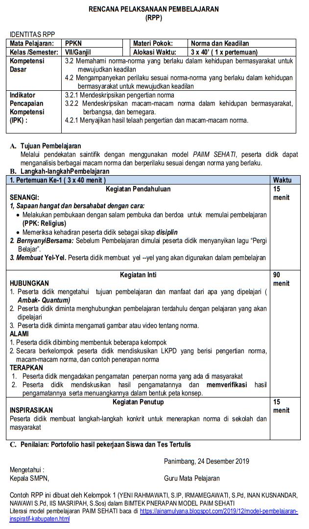   RPP 1 (Satu) Halaman - Contoh RPP 3 (Tiga) Komponen 