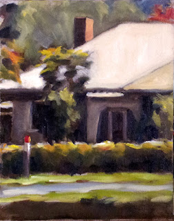 Oil painting of part of a house viewed from the front with a hedge and a road in the foreground.