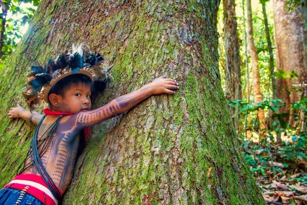 Autossustentável: Índio abraçando árvore
