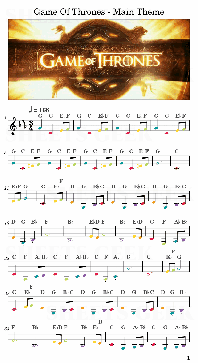 Game Of Thrones - Main Theme Easy Sheet Music Free for piano, keyboard, flute, violin, sax, cello page 1