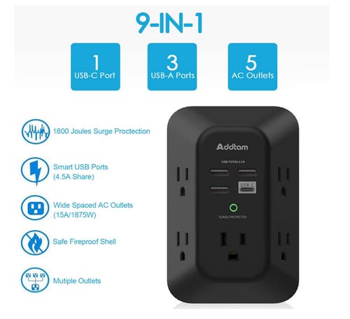 Addtam 5 Outlet Extender with 4 USB Wall Charger