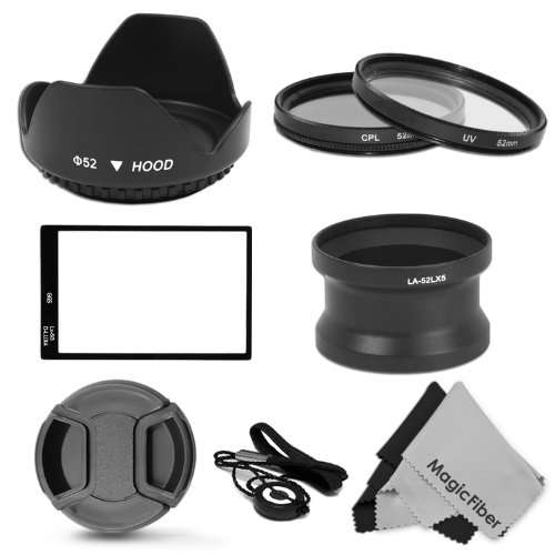 Essential Accessory Kit for PANASONIC LUMIX DMC-LX5 - Includes: 52MM Lens Adapter Tube + Tulip Flower Lens Hood + Filter Kit (UV, CPL) + LX5 Glass LCD Screen Protector + Center Pinch Lens Cap + Cap Keeper Leash + 2 MagicFiber Microfiber Lens Cleaning Cloths