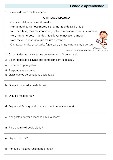 Texto O MACACO MALUCO, de Elisângela Terra, com intepretação de texto e palavras com M e N