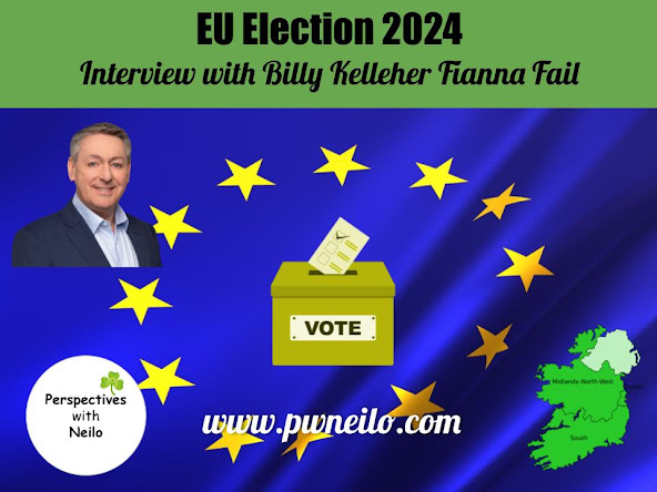 Picture of Billy Kelleher of Fianna Fail, the 3 Ireland Constituencies for EU Elections and a Ballot Box with the EU Flag in the background