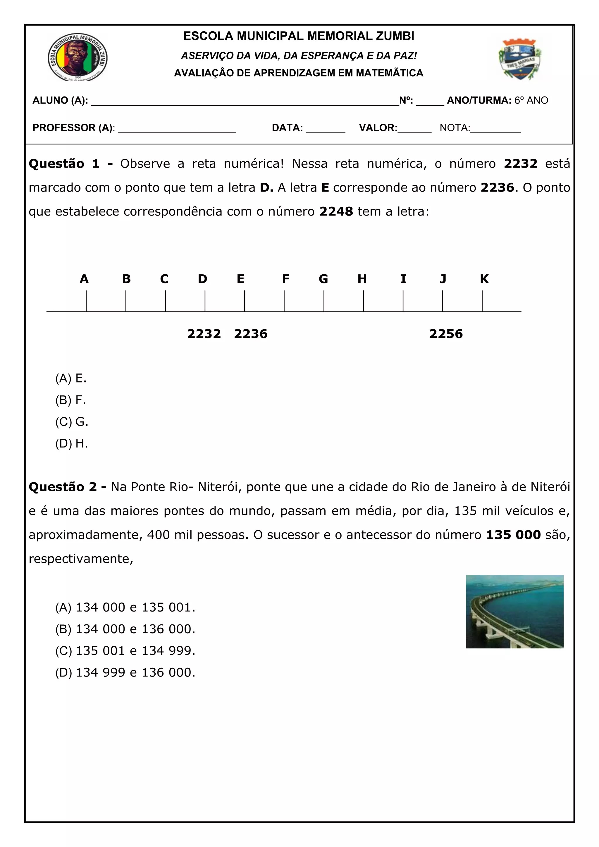 PROVA DE MATEMÁTICA 6º ANO