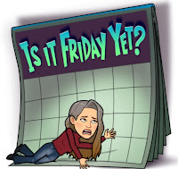 A bitmoji picture of a blank calendar with Is it Friday yet? at the top. A girl wearing jeans, red sweater is crawling across the bottom with a face of despair