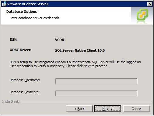 VMware vCenter Server Installer - Database Options