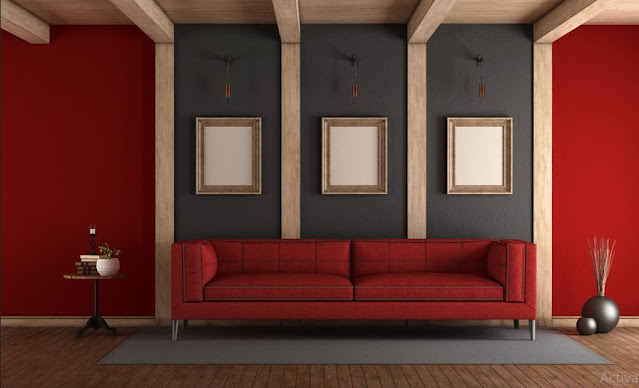 Red and Grey Living Room Wall With Red Sofa