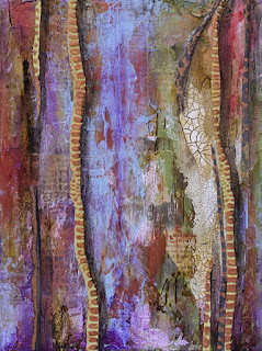 purple, copper, green, textural abstract painting.
