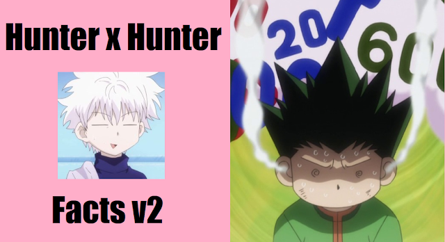 Hunter x Hunter facts text with white haired young anime boy Killua with eyes closed and spiky haired air headed brat Gon with a background of numbers