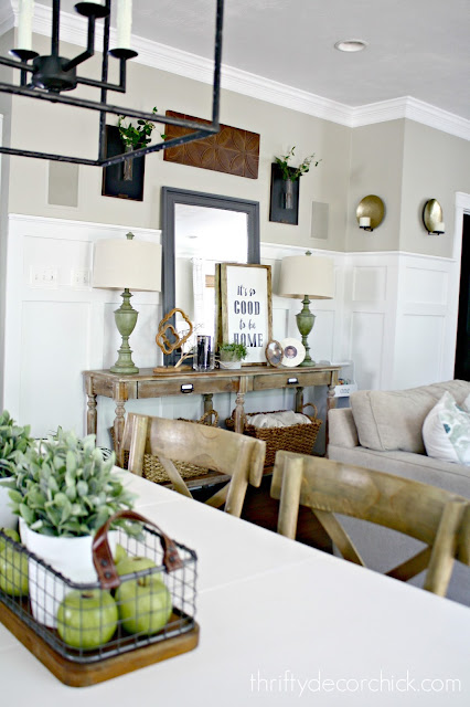 Light wood hall table with open shelves