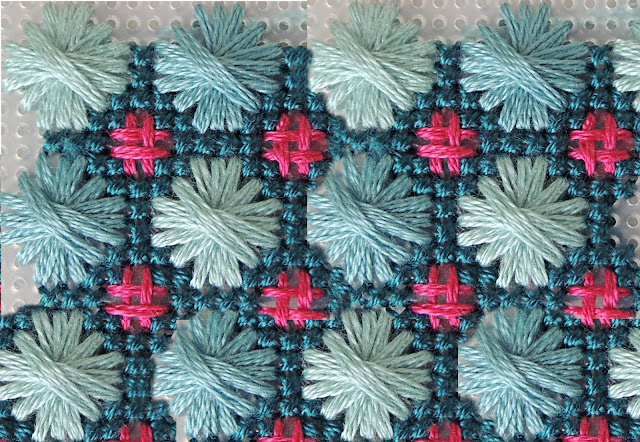 Light blue, teal and pink embroidery samply by bobbin and fred