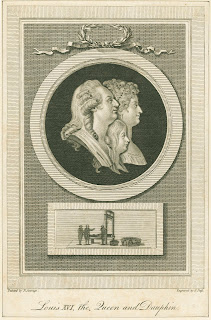 An engraved portrait of Louis XVI with his wife and child, above a separate picture of figures gathered around a guillotine. 