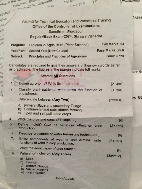 [CTEVT] 2nd Year Principles and Practices of Agronomy | Question Papers | Diploma in Agriculture(Animal/Plant Science)