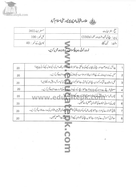 Aiou Old Papers FA Code 330 Pdf Download