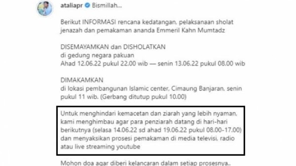 Pemakaman Eril Anak Ridwan Kamil akan Ditayangkan Live Streaming di Youtube