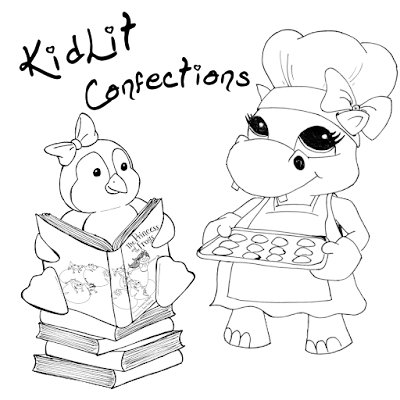 KidLit Confections in bold text above a cartoon penguin, sitting on a stack of books and reading THE PRINCESS AND THE FROGS by Veronica Bartles and Sara Palacios. A cartoon hippo in a chef's hat and apron, holding a tray of freshly-baked cookies, stands next to her. Artwork by Philip Bartles