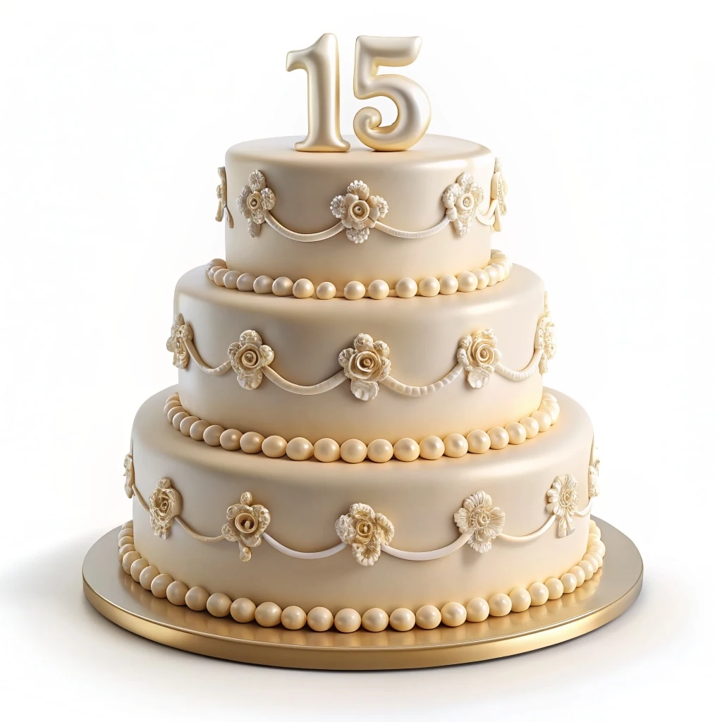  Pastel de aniversario de bodas de 15 años en color blanco decorado con rosas y perlas 