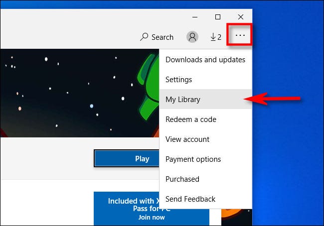 في تطبيق Microsoft Store ، انقر فوق زر علامات الحذف ثم حدد "مكتبتي".