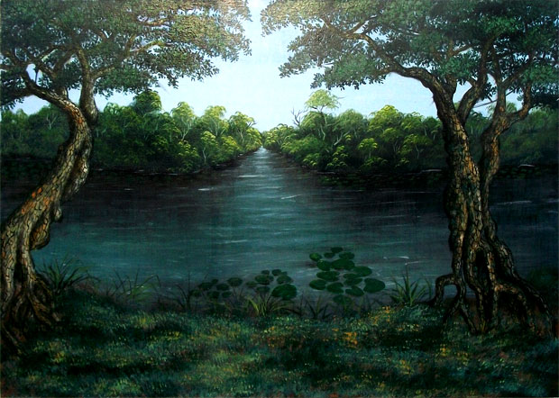 Lukisan pemandangan sungai dengan pepohonan menghadirkan suasana sejuk