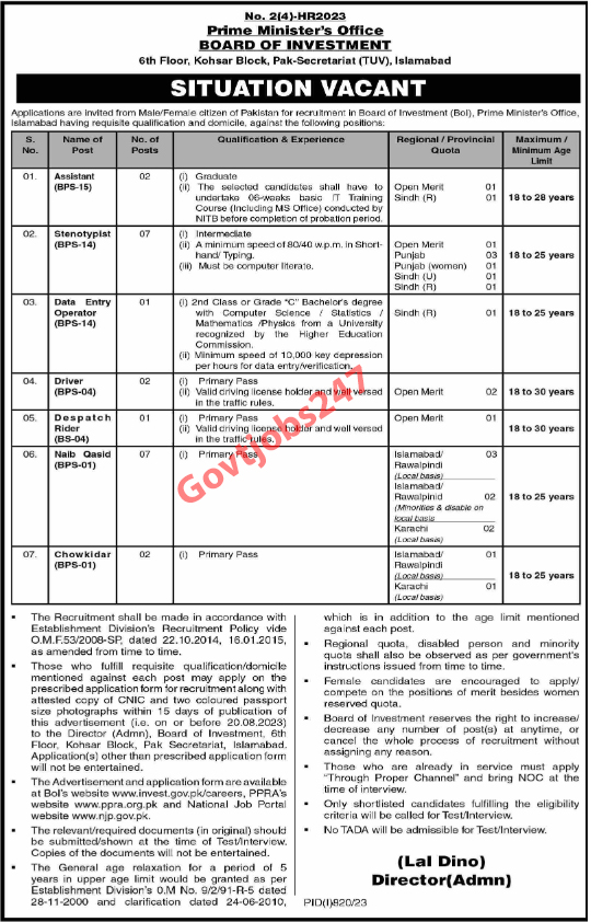 prime minister office board of investment jobs advertisement