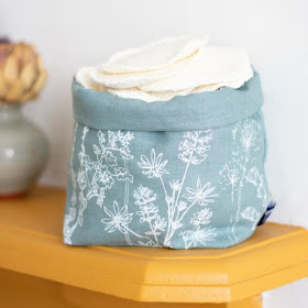 fabric storage bin; duck egg blue with white flowers