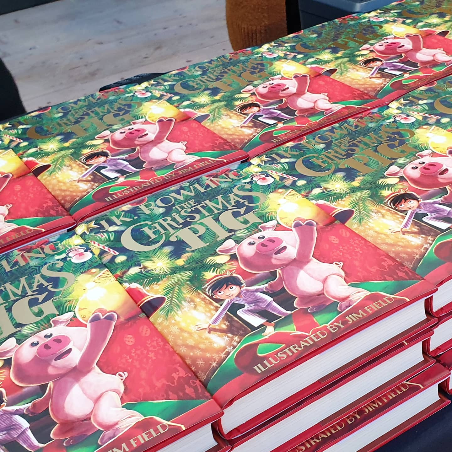 table full of the christmas pig books
