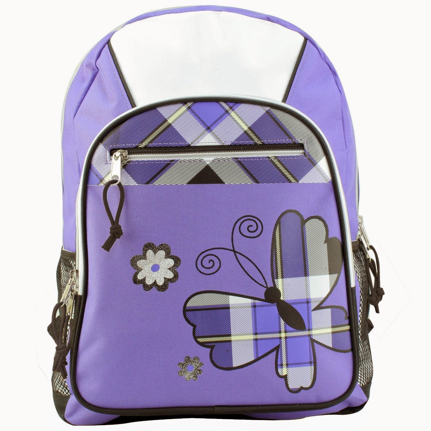 17 inch Purple Plaid Butterfly Student Bookbag Backpack