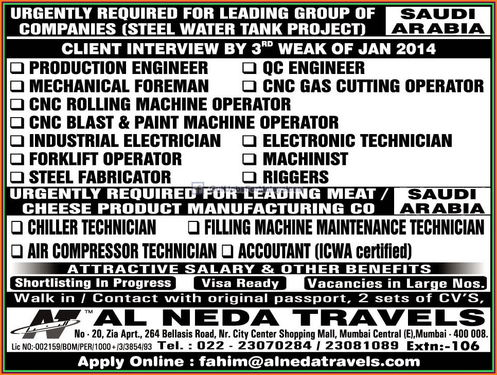 Vacancies For Steel Water Tank Project For KSA