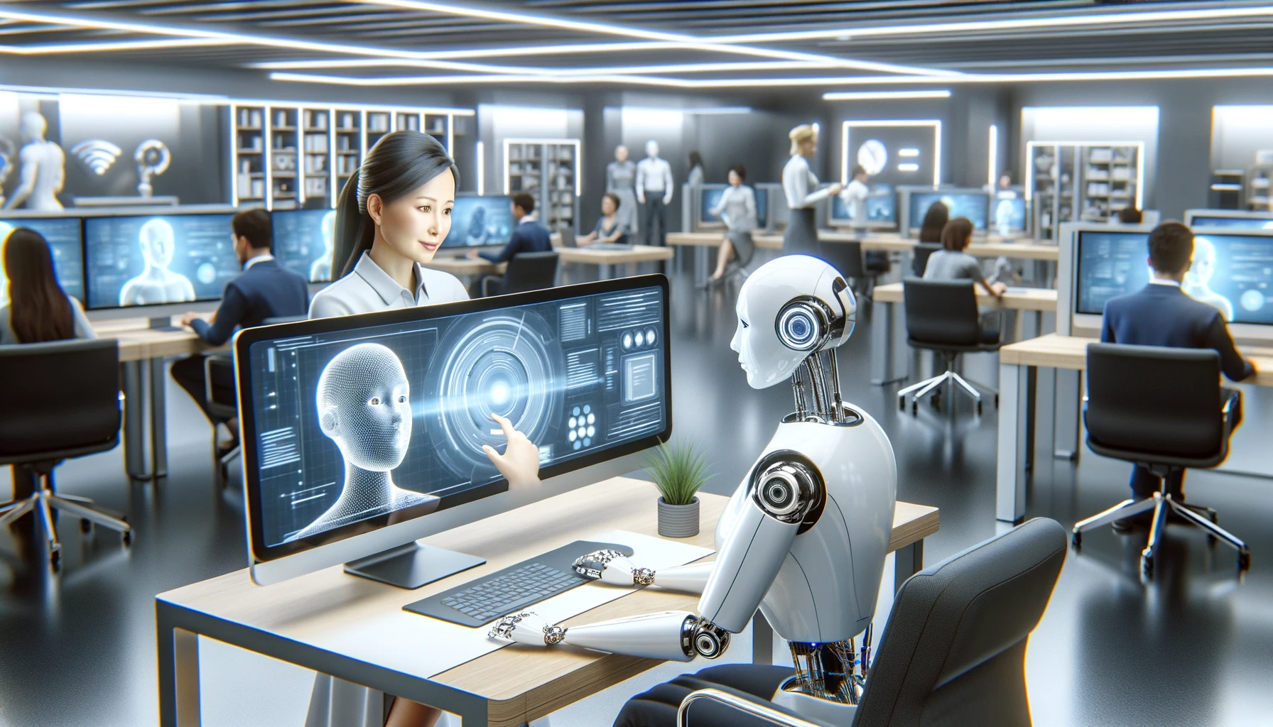 An image depicting a harmonious work environment where AI and humans are collaborating peacefully.