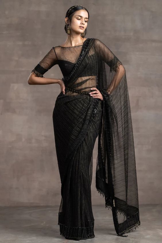 black saree look with net blouse
