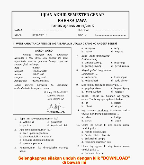 Download Soal  UKK UAS  Genap Bahasa  Jawa  Kelas  4 Semester 
