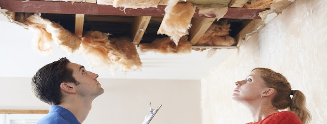 Stock photo of a male/female couple staring up at a ruined ceiling that shows exposed wood and insulation