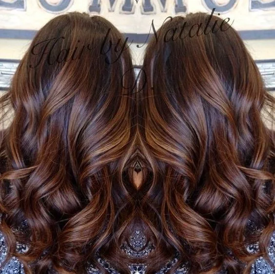 Long Curled Chocolate Brown Hair with Cinnamon Highlights