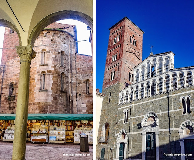 Lucca, Itália: uma feira de livros usados e a Igreja de San Pietro Somaldi, do Século 12