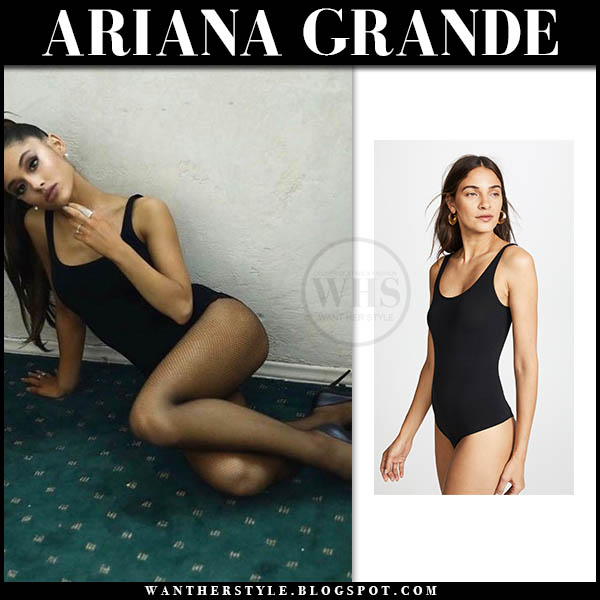 Ariana Grande in black bodysuit and black fishnet tights