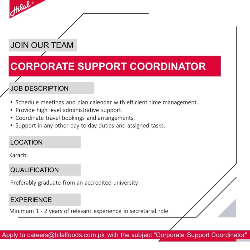 Hilal Foods is looking for a Corporate Support Coordinator