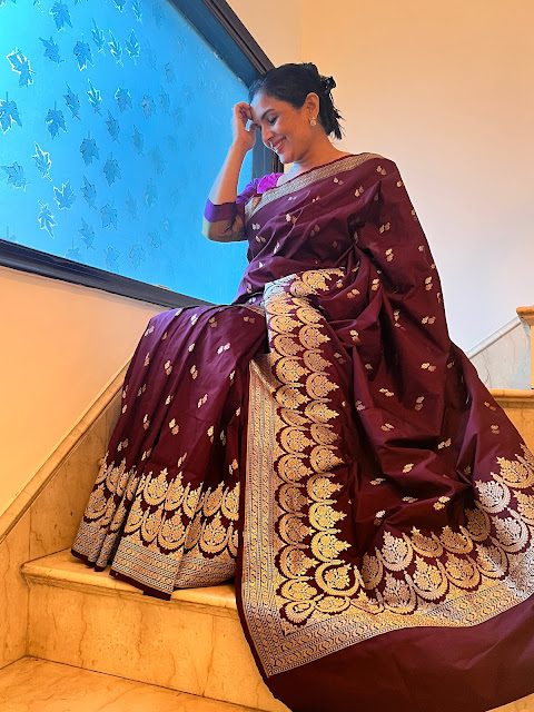 Aubergine double scallop border saree