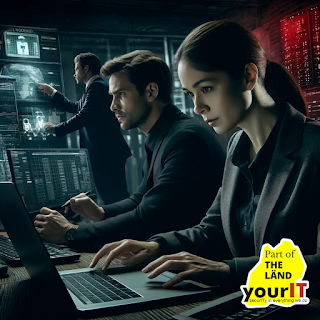 Ein Team aus einem Informationssicherheitsbeauftragten und einem IT-Sicherheitsbeauftragten arbeitet intensiv zusammen, um einen Cyberangriff abzuwehren. Die Szene zeigt eine Frau und einen Mann, die konzentriert auf Bildschirme blicken und in einem mit blauem und grünem Licht erleuchteten Büro arbeiten.
