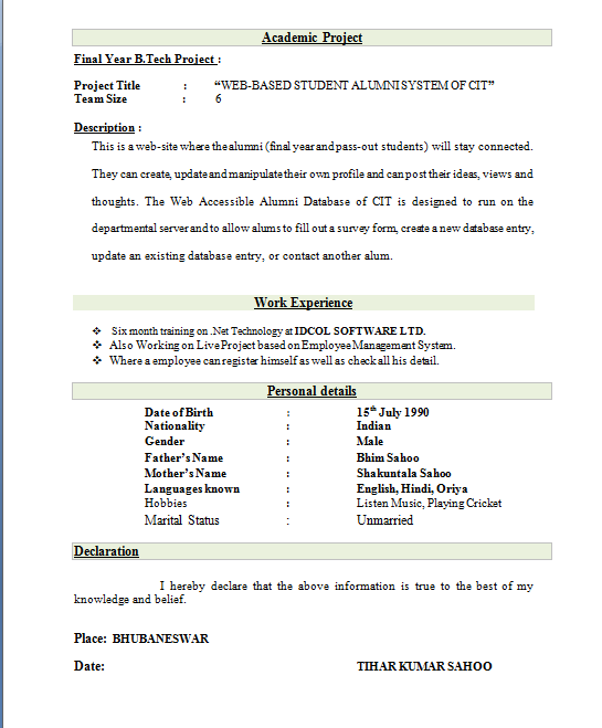 Download Best Resume Format for Freshers