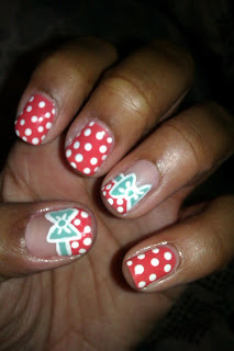 Mint, coral, polka dot, bow, nail art, mani