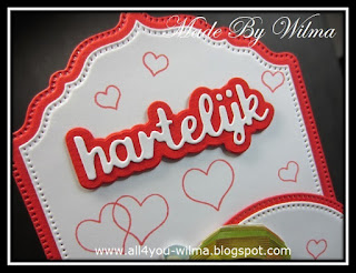 "hartelijk" verhoogd met foam omringd door gestempelde hartjes. "congrats" (a part of it and a Dutch word) raised with foam surrounded by stamped hearts.