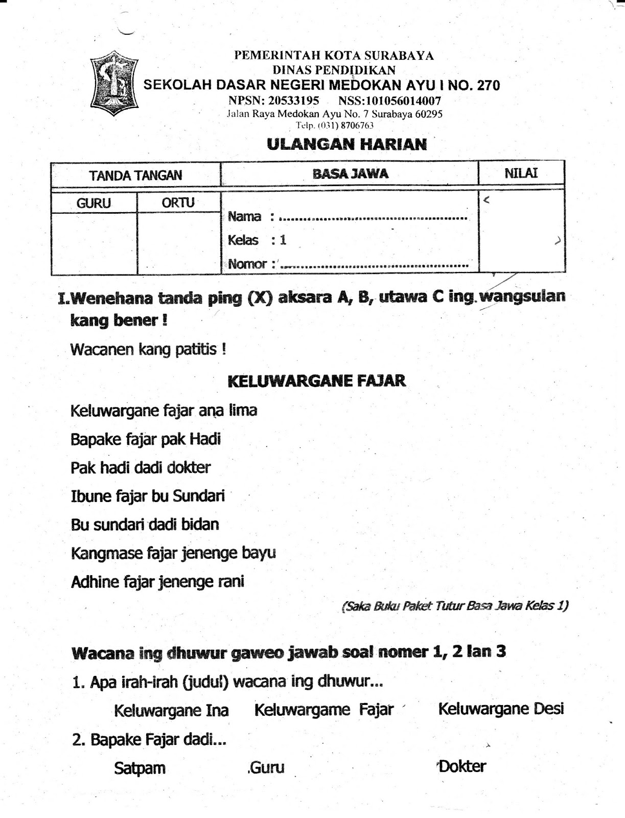 Ulangan Harian Matapelajaran Bahasa Jawa SD Kelas 1 Semester Ganjil TA 2014 2015 Kurikulum 2013