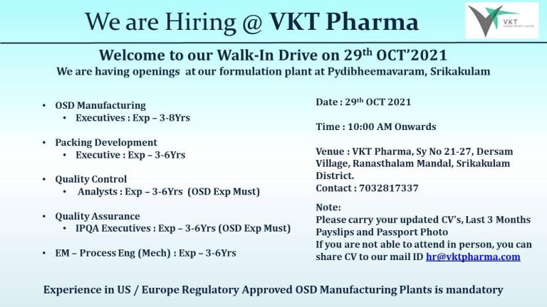 Job Availables,VKT Pharma Walk-In-Interview For QA/ QC/ Manufacturing/ Packing Development