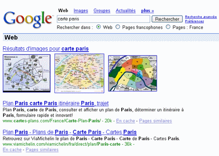 Resultats Google requete Web Carte Paris