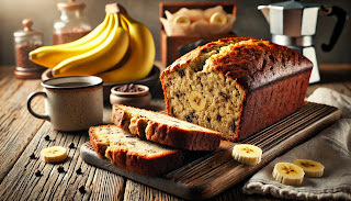 A freshly baked loaf of banana bread sliced thickly on a wooden board, with visible banana pieces and chocolate chips. The bread has a golden-brown crust and moist texture, surrounded by ripe bananas, a cup of coffee, and cozy kitchen decor in the background.