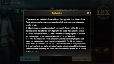 PUBG Mobile Subscription membership information